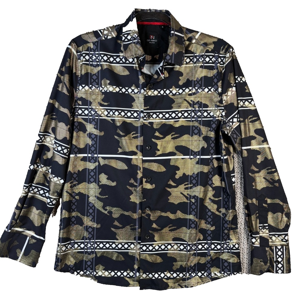 De-Niko Milano Mens S Shirt Baroque Gold Black White Patterned Polyester/spandex